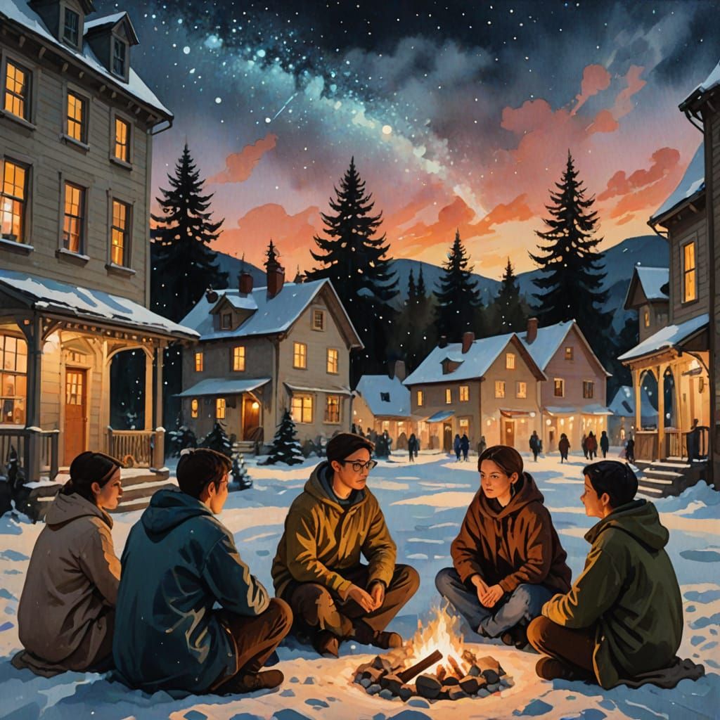 Cozy Starfall Night Town Square in Gouache and Watercolor