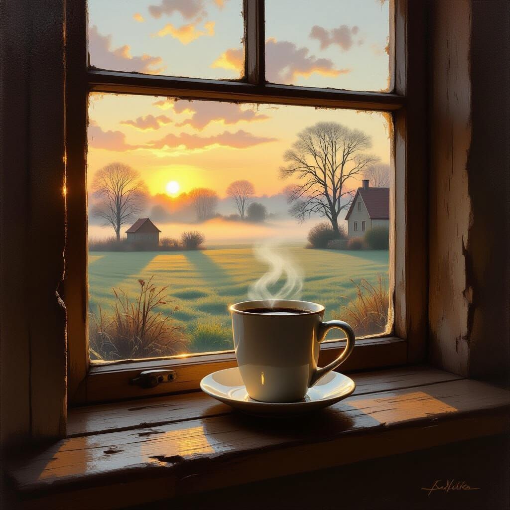 Rustic Kitchen Dawn Scene with Steaming Coffee Mug