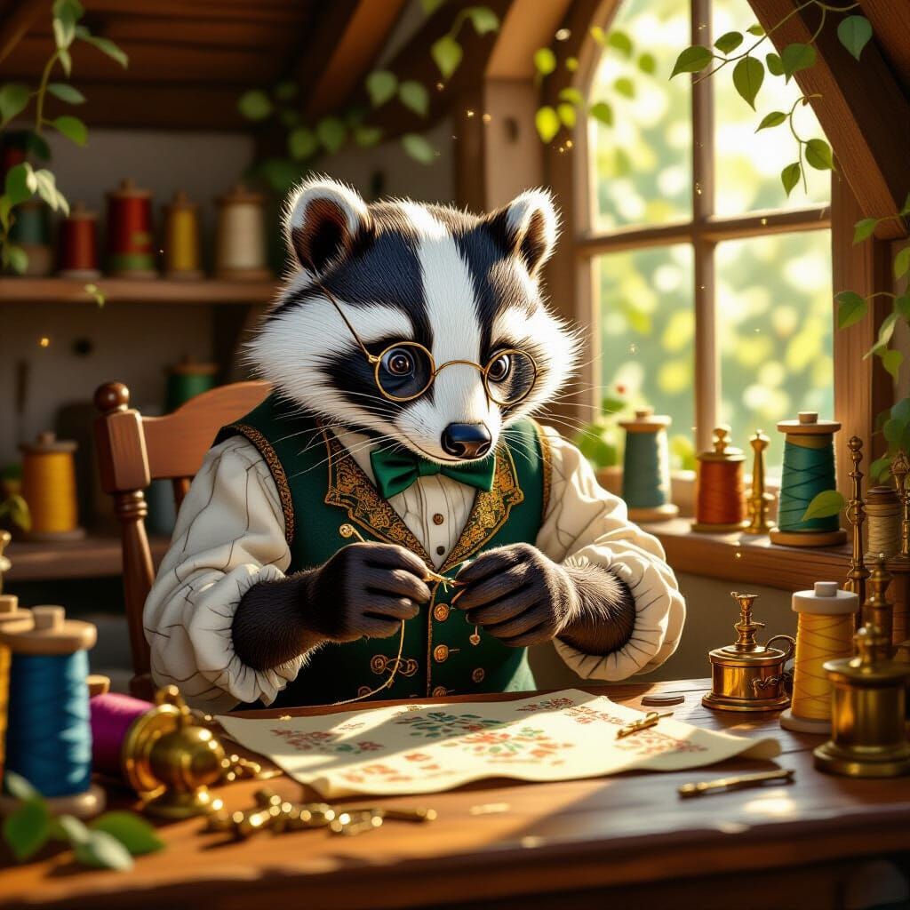 Badger Tailor Stitching Waistcoat in Forest Workshop