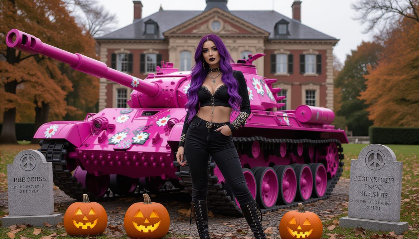 Gothic Woman Beside Pink Tank with Halloween Decor