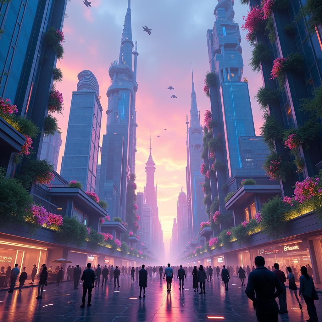 Futuristic Cityscape at Dusk in Digital Painting Style