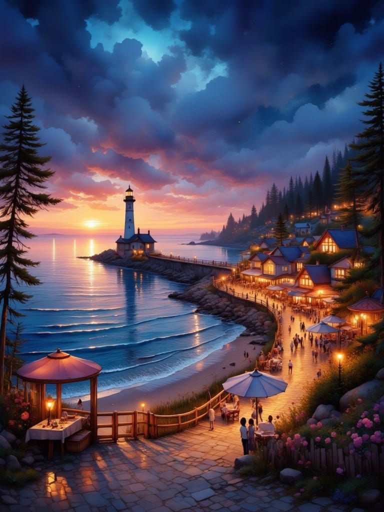 Vibrant Summer Night Seaside Party with Lighthouse
