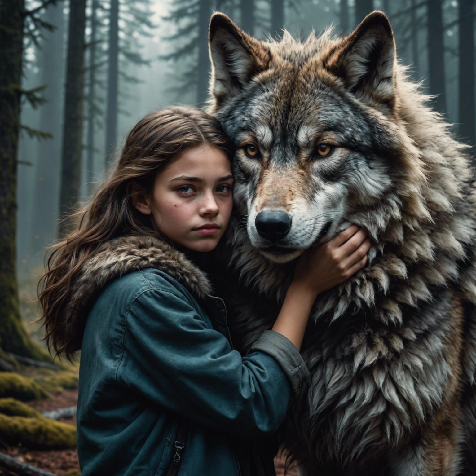 Girl Hugging Wolf: Digital Matte Painting