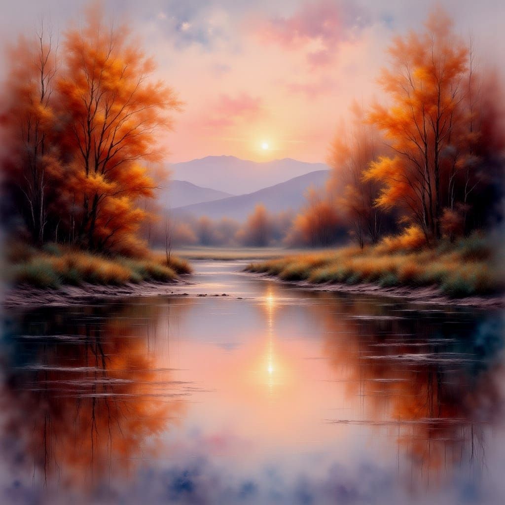 Sunset River Valley in Antique Watercolor Style