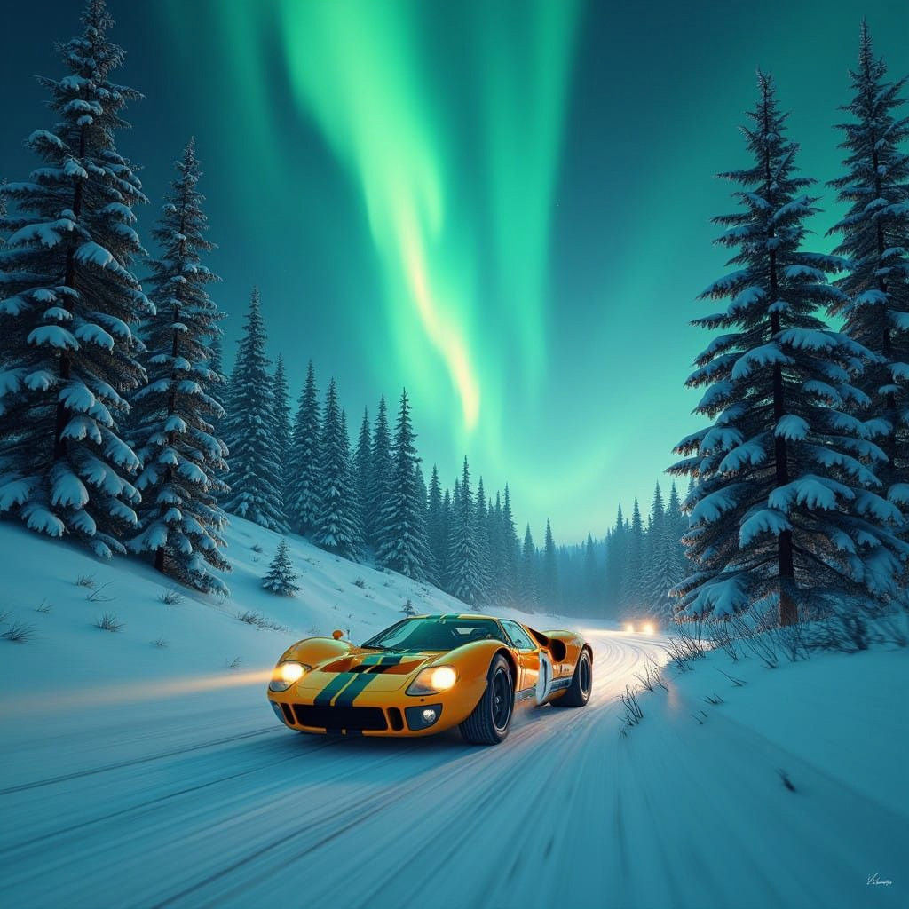 Vibrant GT40 Mark 1 Speeds Through Snowy Landscape Under Eth...