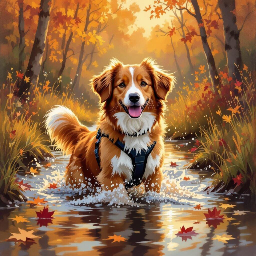 Dog Splashing in Autumn Puddles, Whimsical Art Style