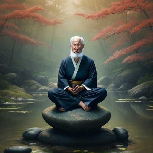 Mystical Japanese Sage Holding Glowing Yin-Yang Orb in a Ser...