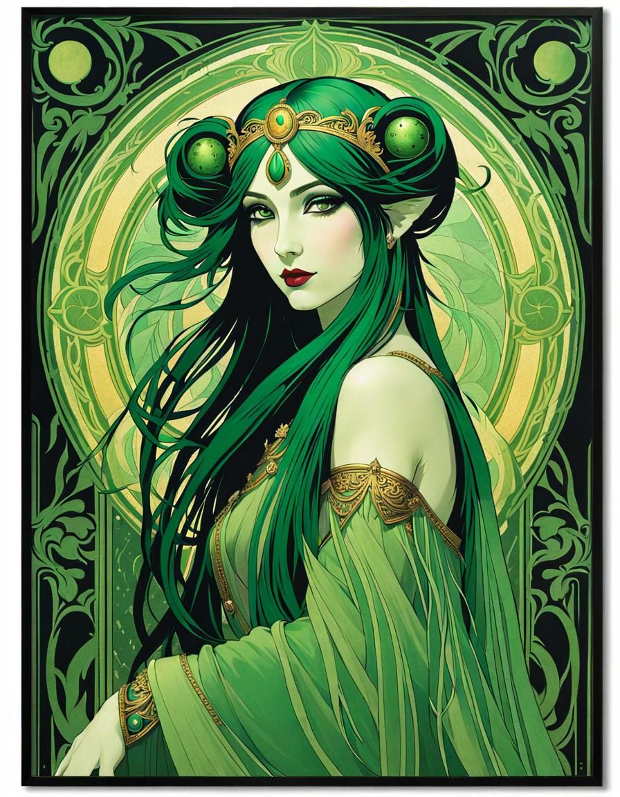 Art Nouveau Poster: Green-Haired Goddess Lilith