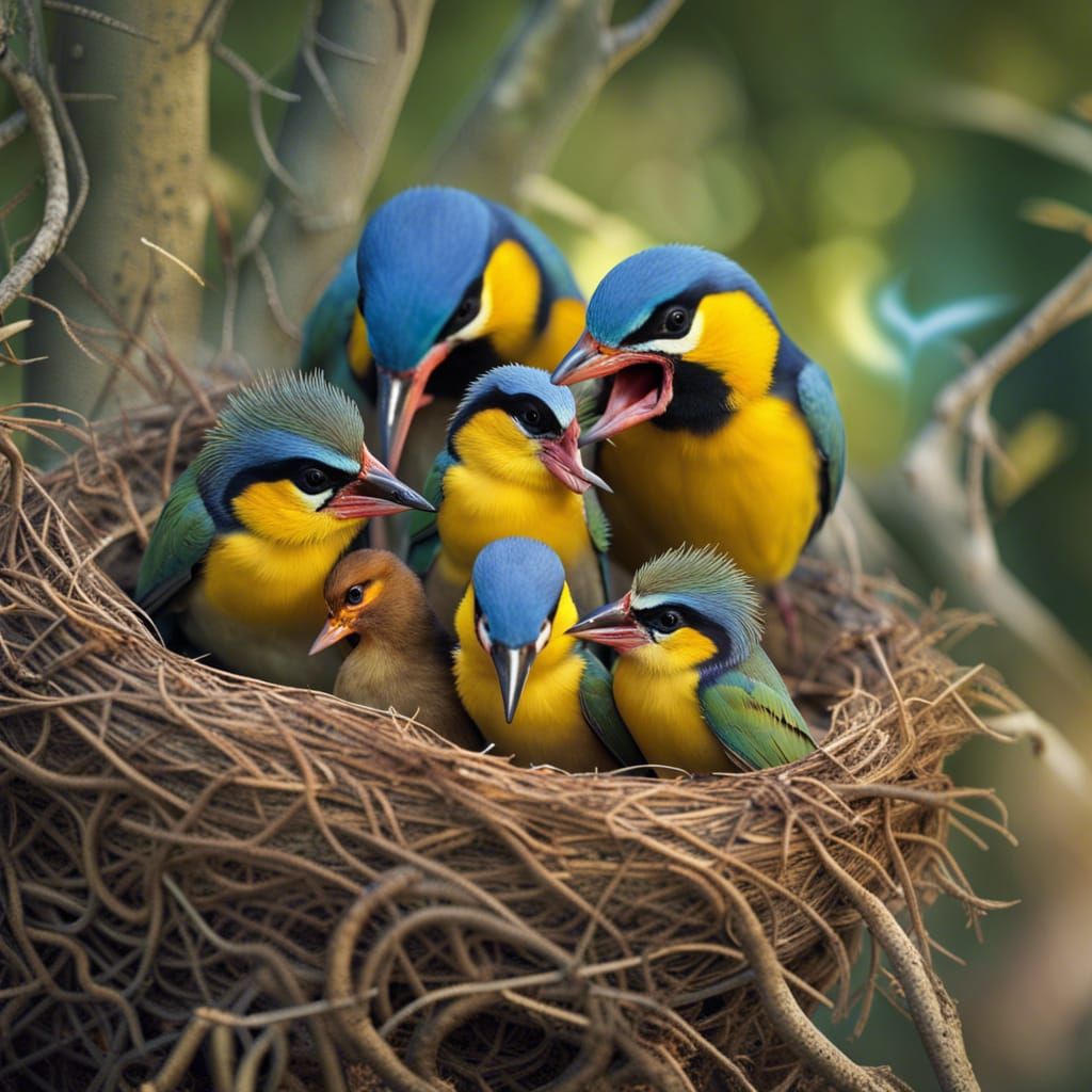 Colorful Bird Feeds Pups: Photorealistic Wildlife Scene