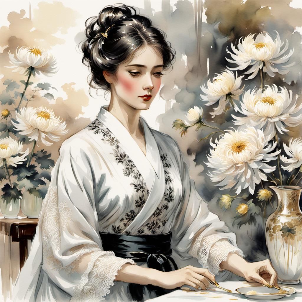 Woman Painting Chrysanthemums in Watercolor Style