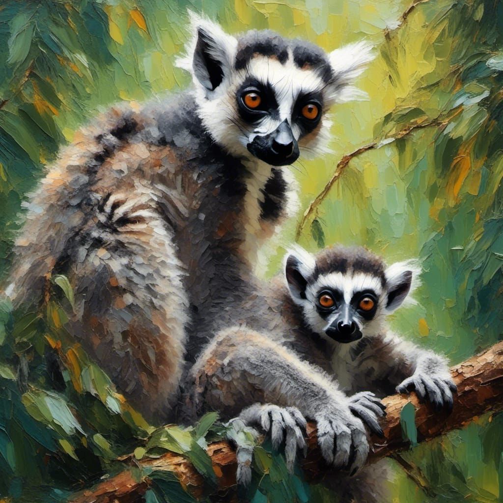 Ring-tailed Lemur Mother and Baby: Impasto Oil Painting