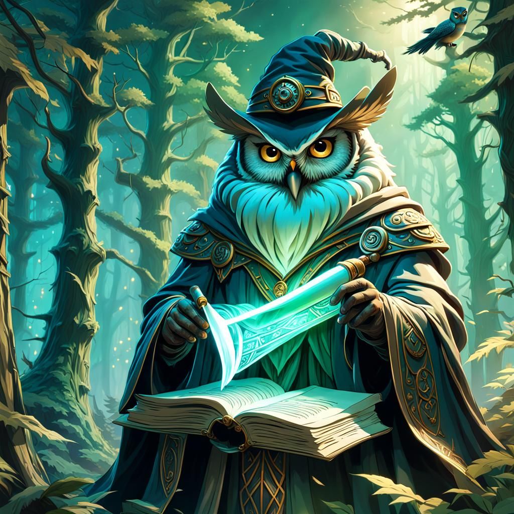 Owl Wizard Reads Scroll: Fantasy Art with Volumetric Lightin...