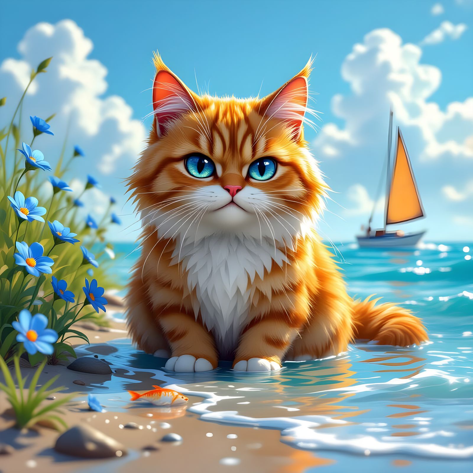 Grumpy Orange Tomcat Fishing: A Fantasy Digital Painting