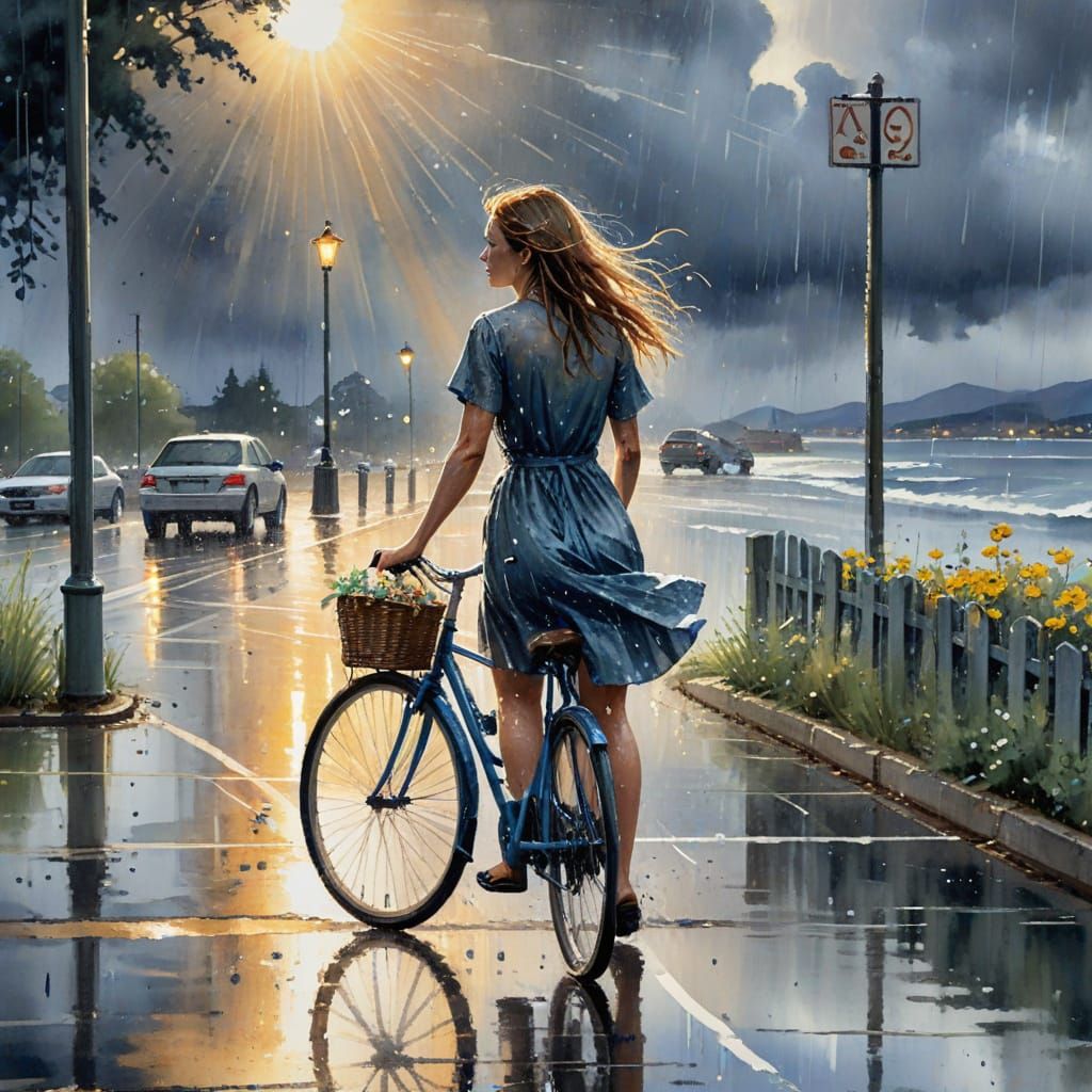 Watercolor Painting of Woman Biking in Rain with Sun