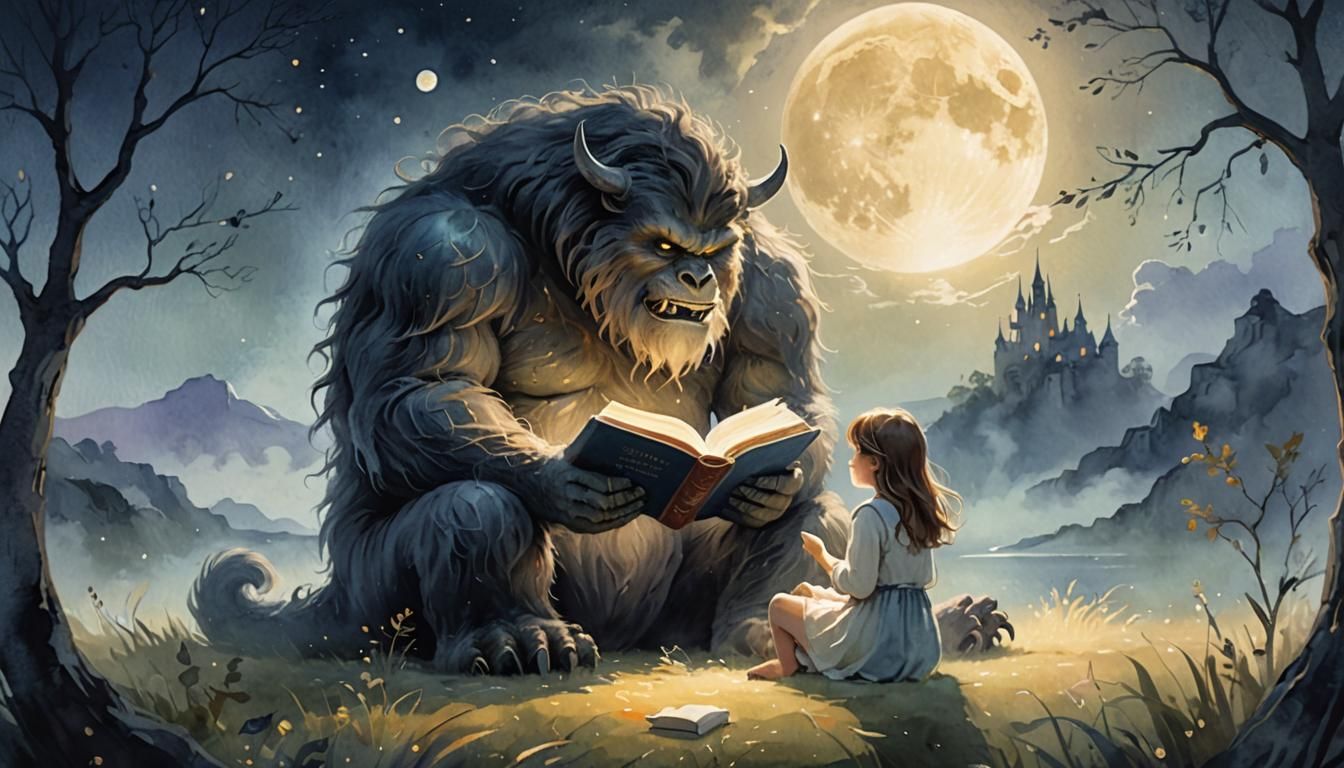 Enchanting Monster Reads to Girl: Dreamlike Illustration