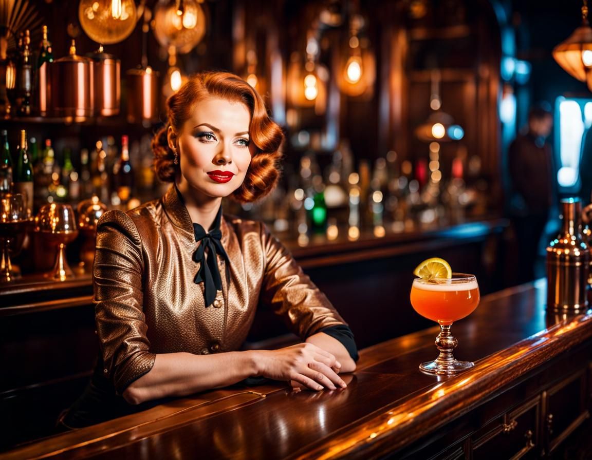 Ginger Bartender in Vintage Club with Cocktails