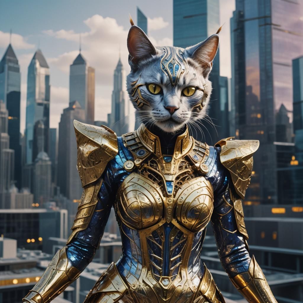 Ethereal Cat-Like Figure in Futuristic Cityscape