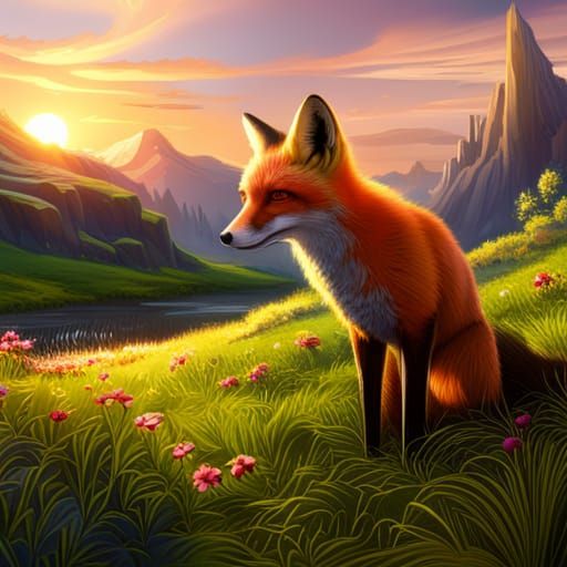 Fox in Field: Vibrant Matte Painting Sunset