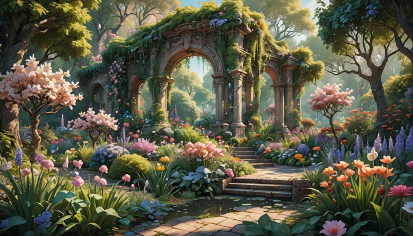Beautiful Garden in Pastel Oil Painting Style