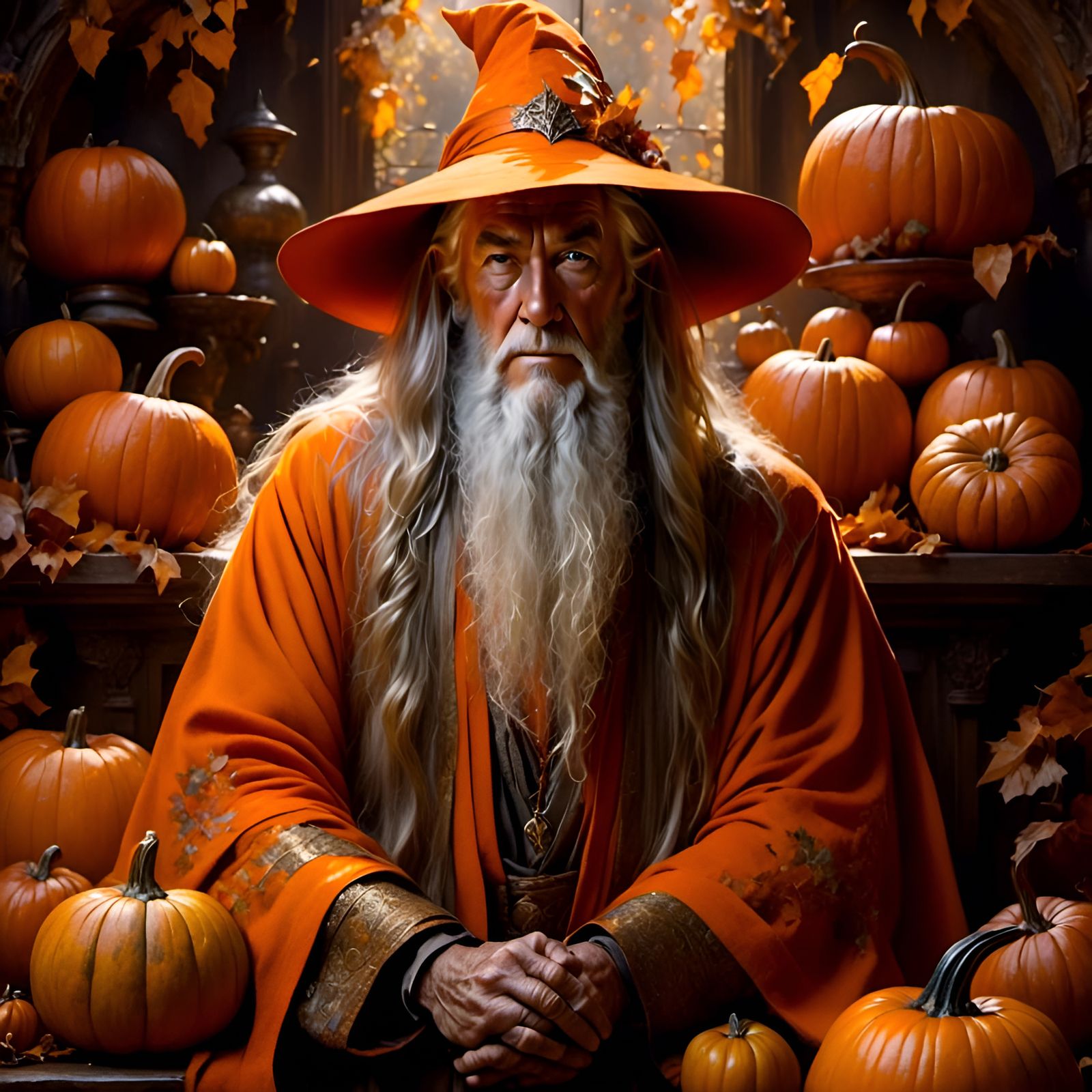 Gandalf in Orange Robe with Pumpkins