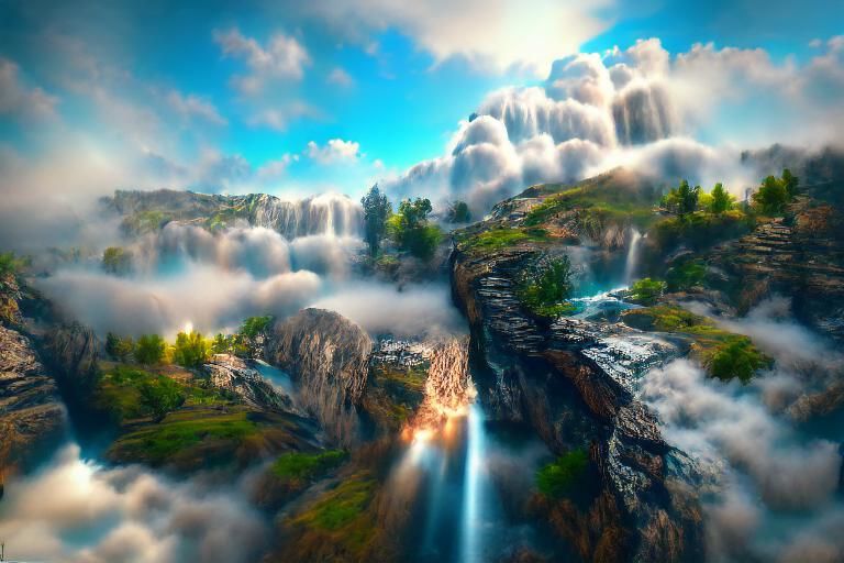 Floating Cliffs with Waterfalls in Dreamlike Landscape