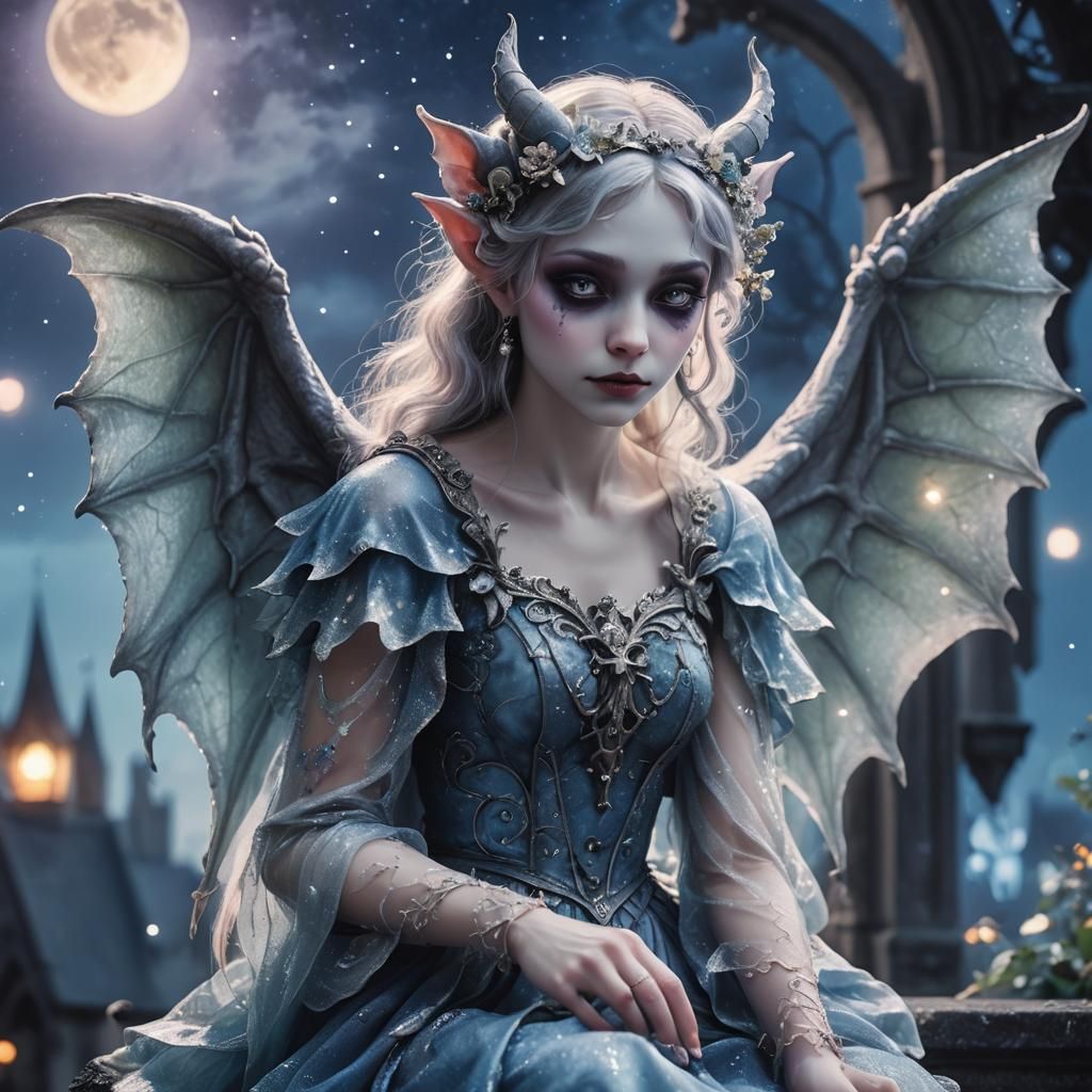 Mischievous Gargoyle in Moonlit Fairycore Dreamscape