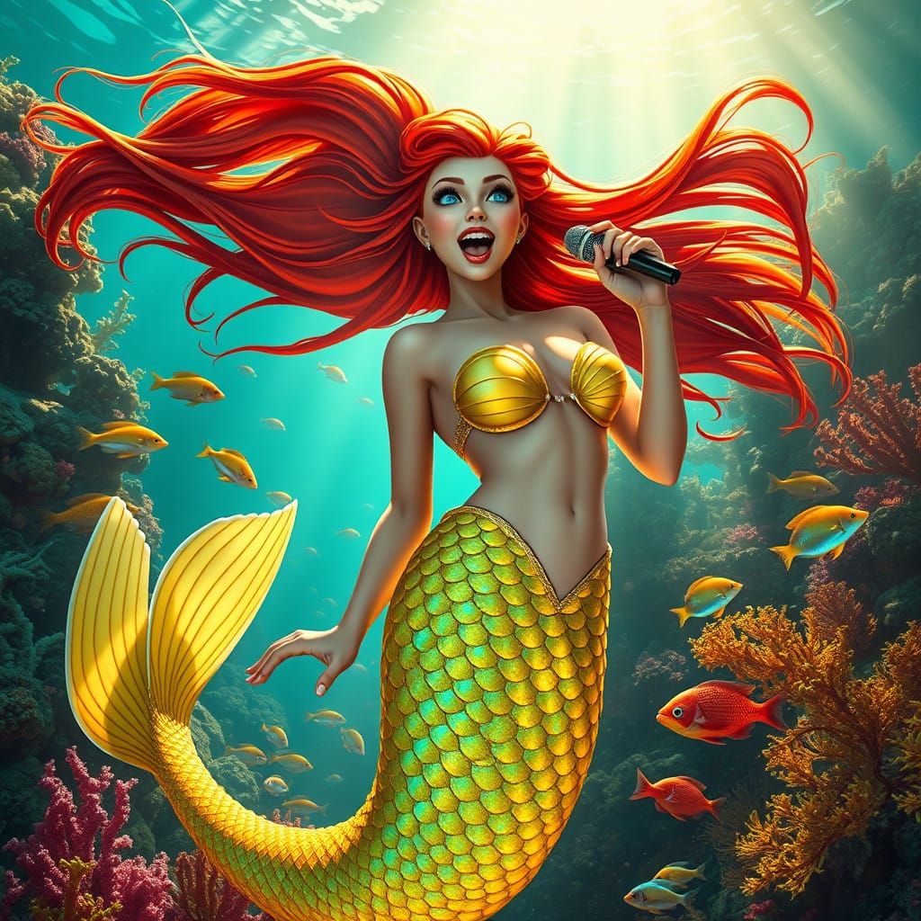 Mermaid Shining in Underwater Karaoke Concert