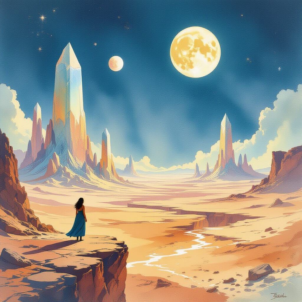 Woman on Precipice Overlooking Alien Desert with Crystal Spi...
