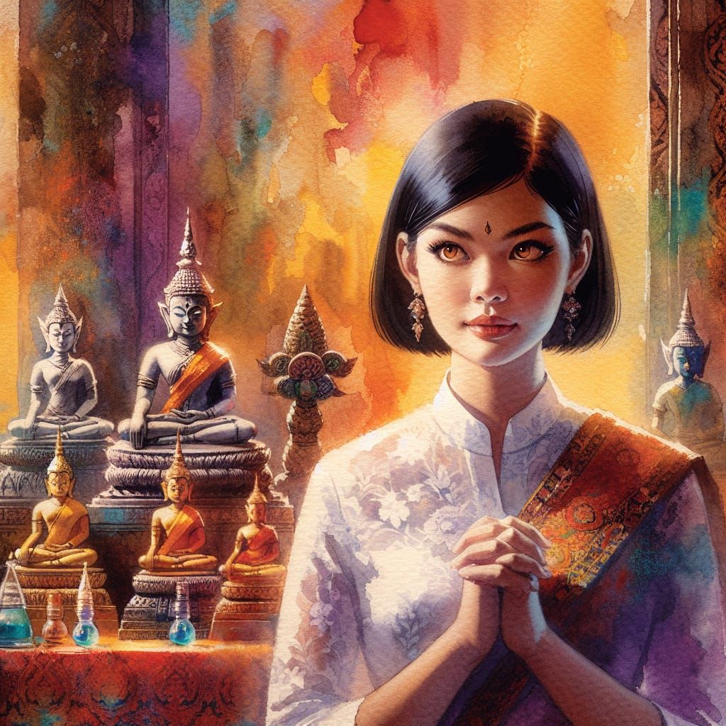 Thai Woman's Prayer: A Watercolor Altar Scene