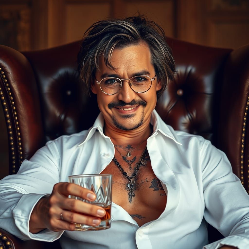 A hyperrealistic photography of Johnny Depp, aged 60, elegantly seated in a luxurious leather wingback chair with a whis...