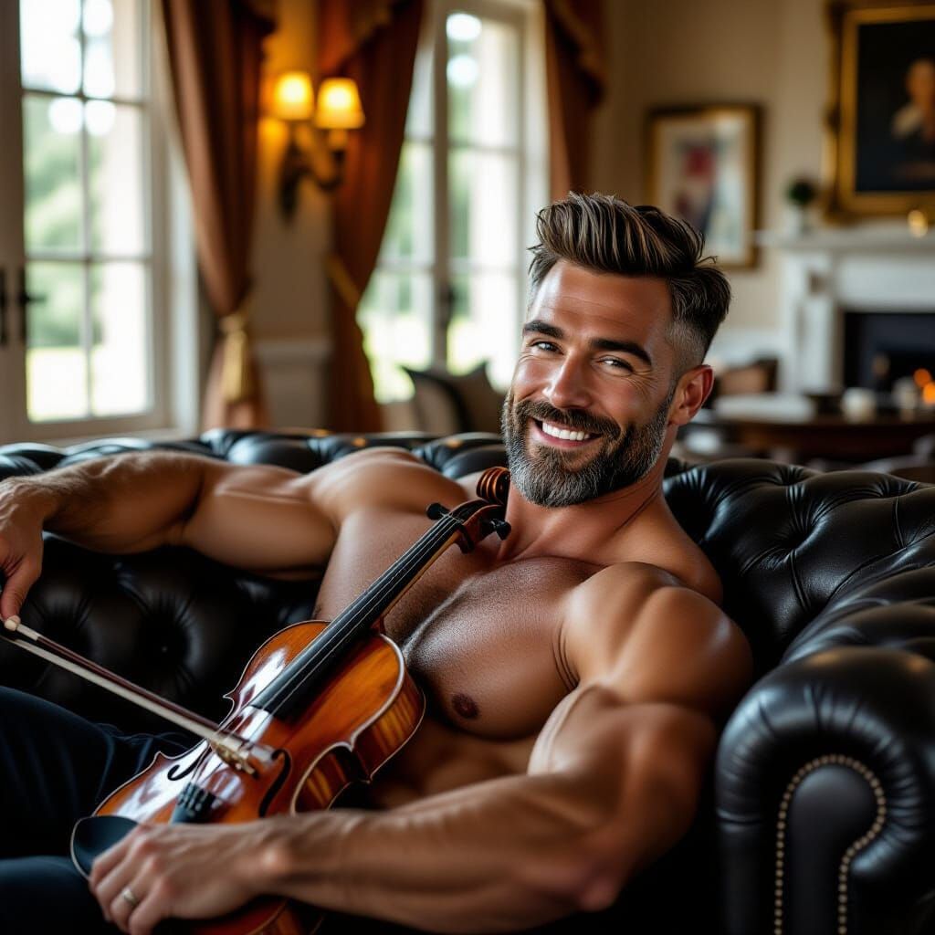 Masculine Man Sensually Reclining with Violin