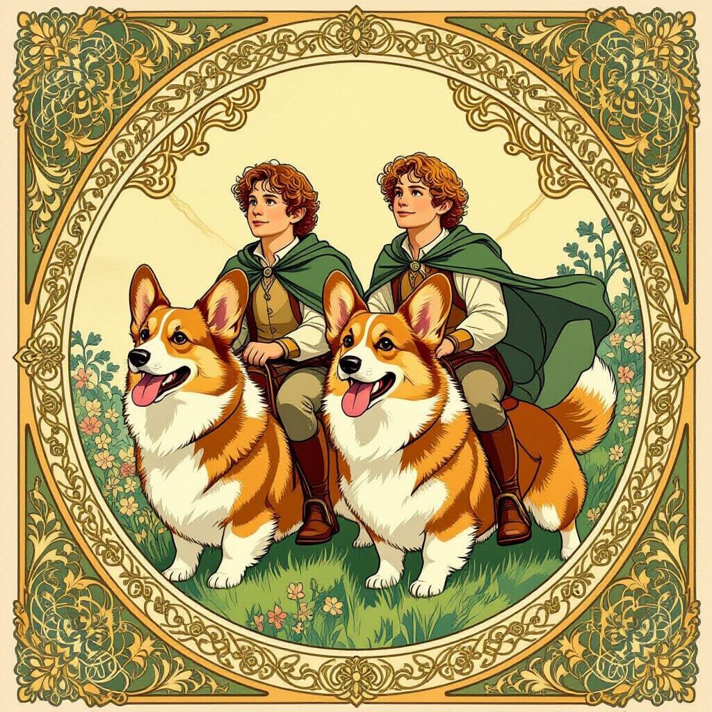 Frodo and Sam Ride Corgis in Art Nouveau Style