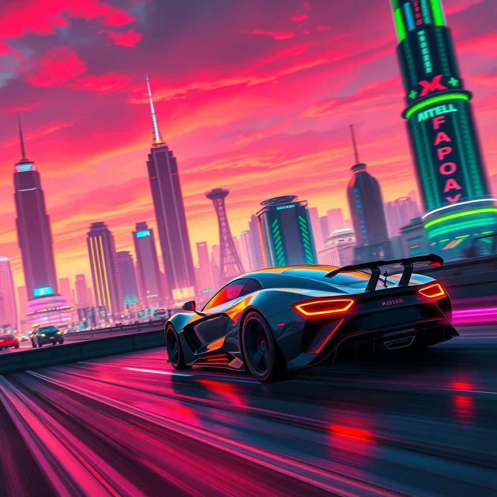 Futuristic Car Speeds Through Neon Cityscape