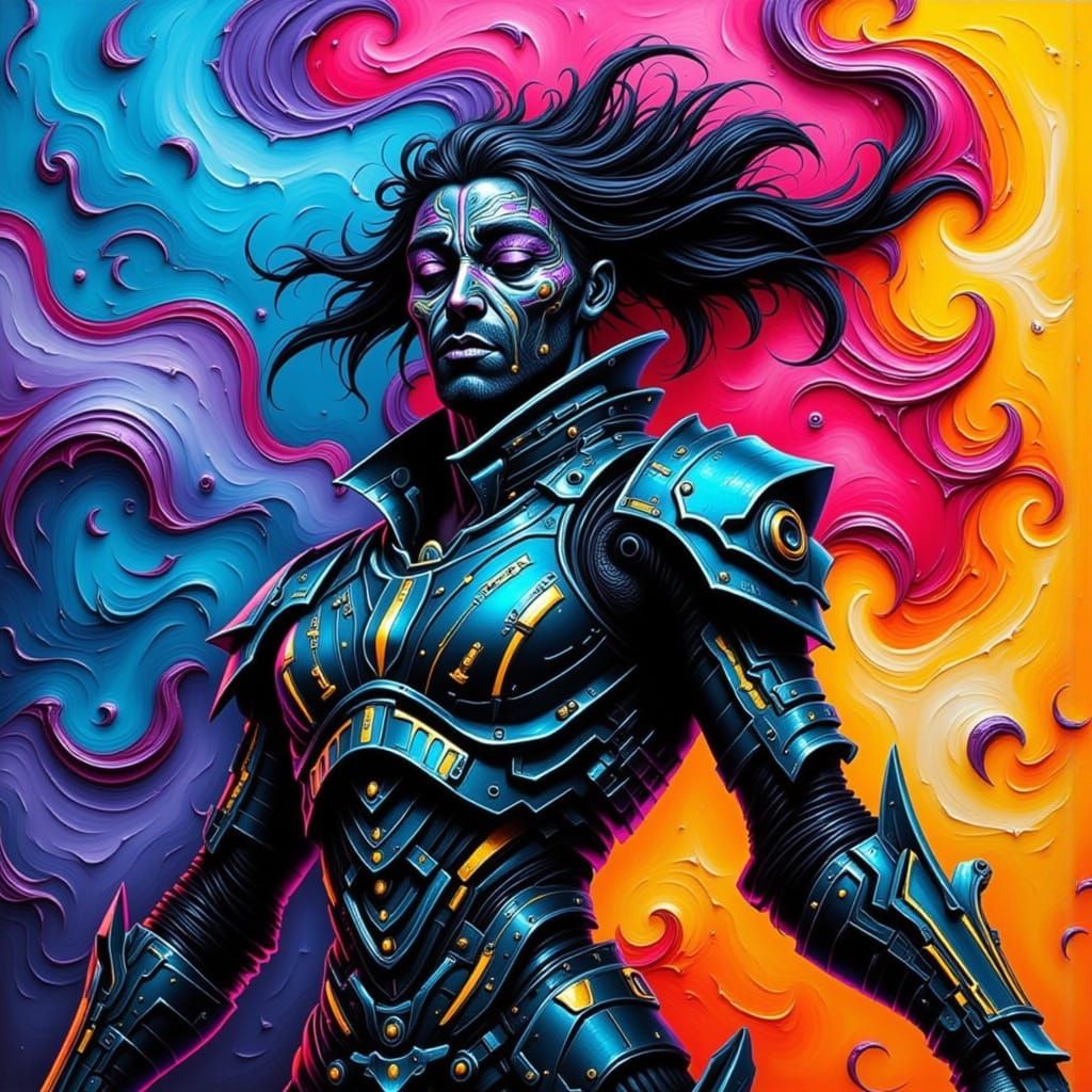 Surreal Futuristic Warrior Engages in Kinetic Combat with Sw...