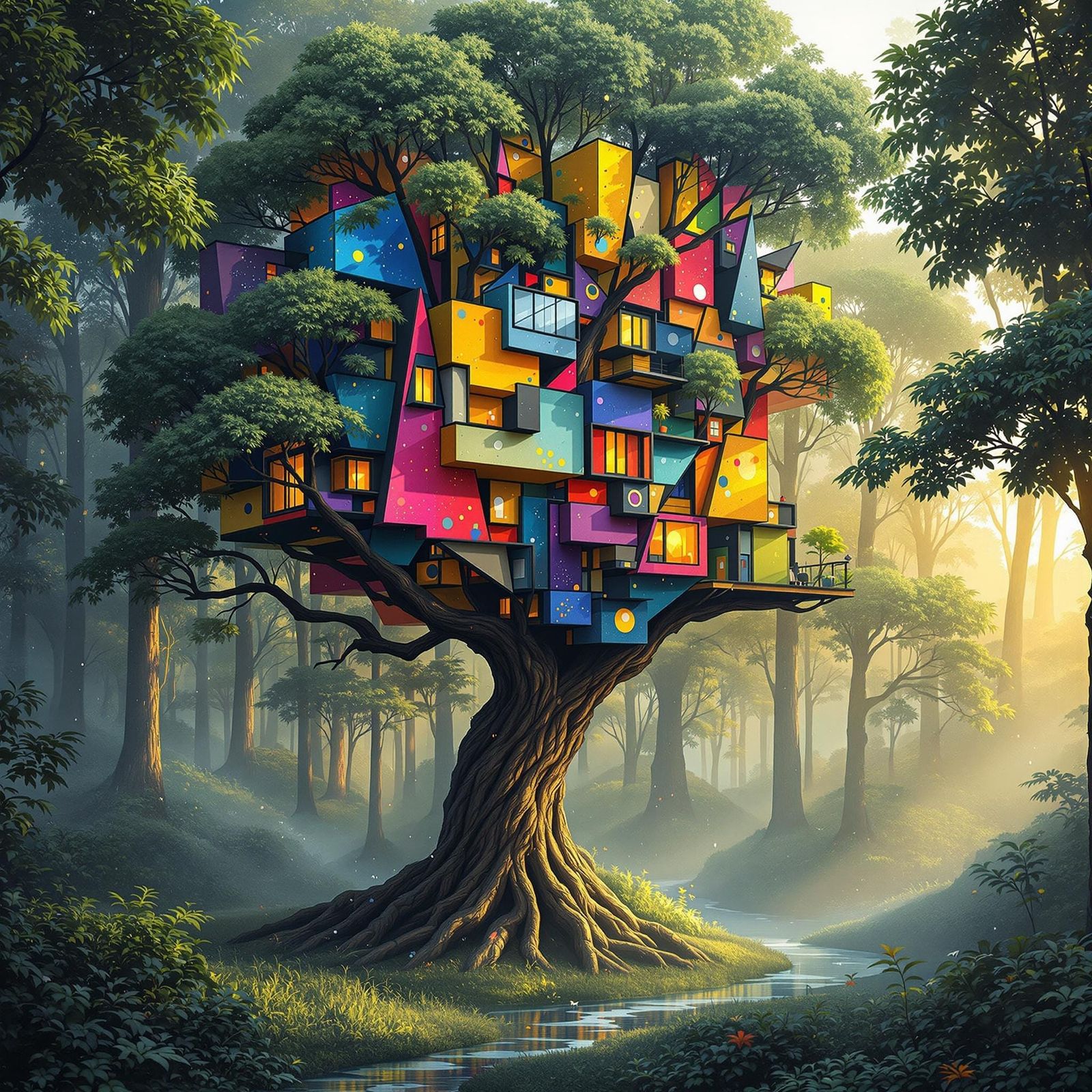 Surreal Treehouse in Vibrant, Geometric Harmony
