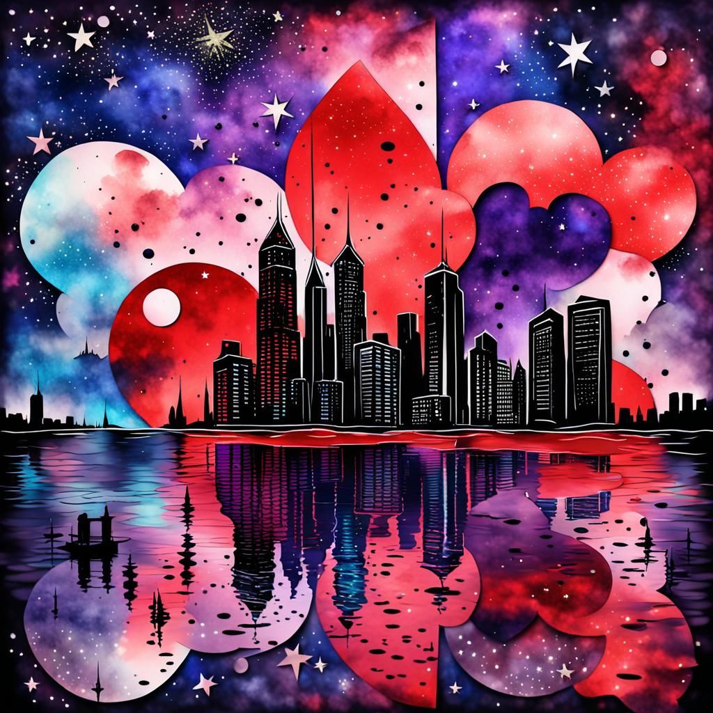 Neon Cityscape Reflections in Gothic Watercolor Style