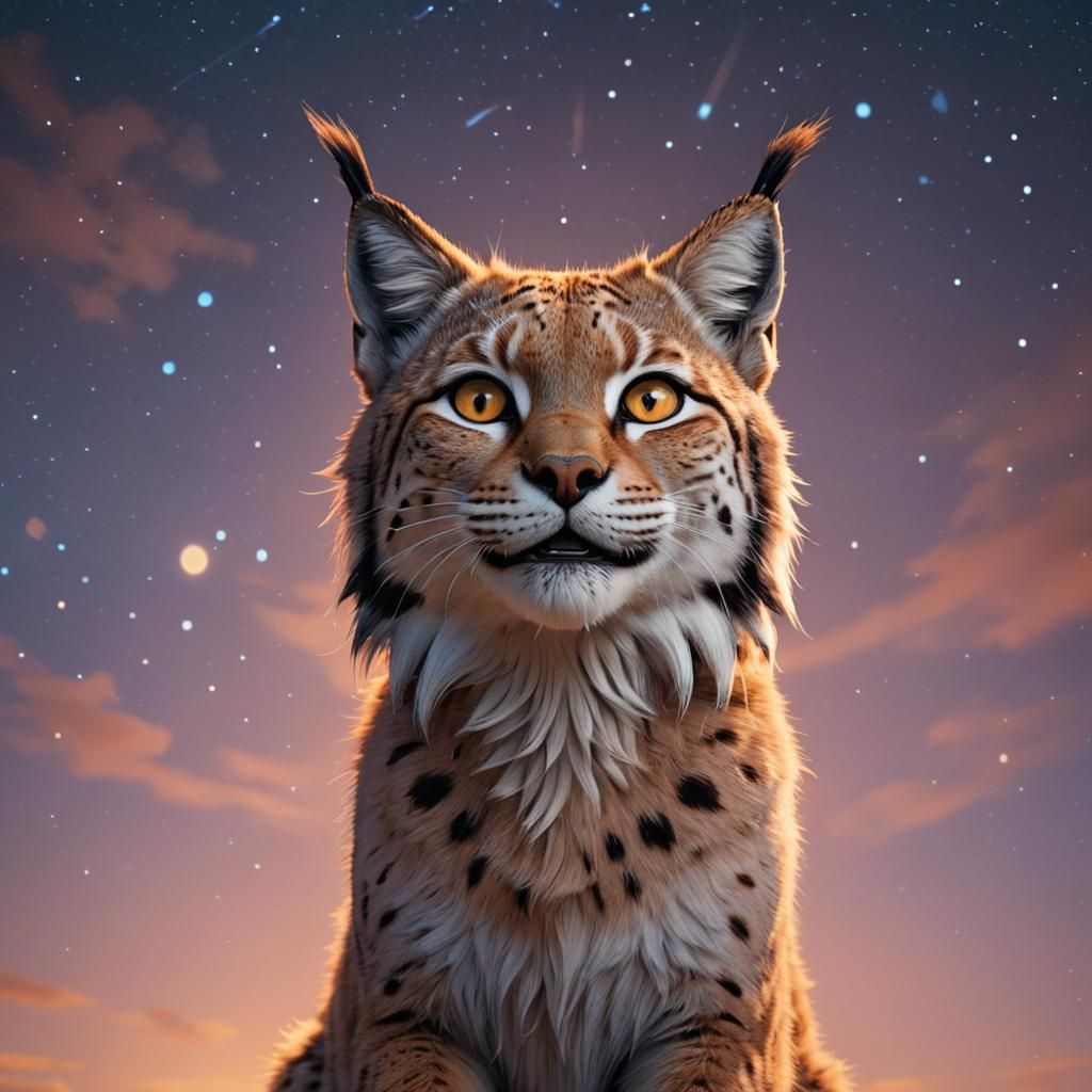 Smiling Lynx in Starlit Sky: 3D Digital Art