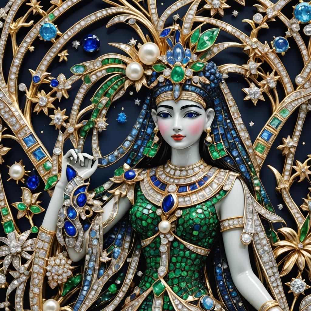 Ornate Egyptian Goddess Brooch in Platinum