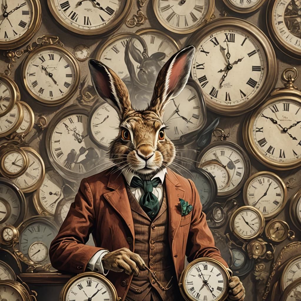Humanized Hare Gazing at Hourglass Clock