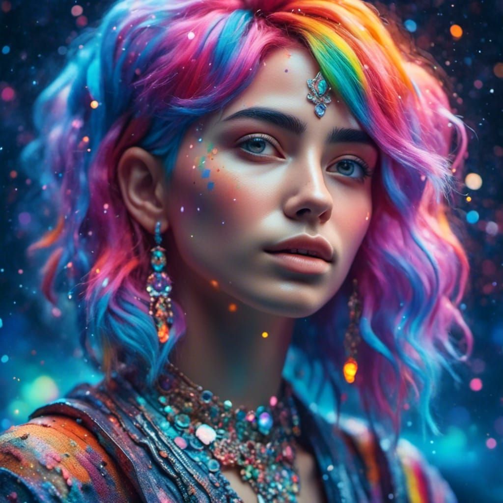Rainbow Hair Anime Portrait in Oil Painting Style