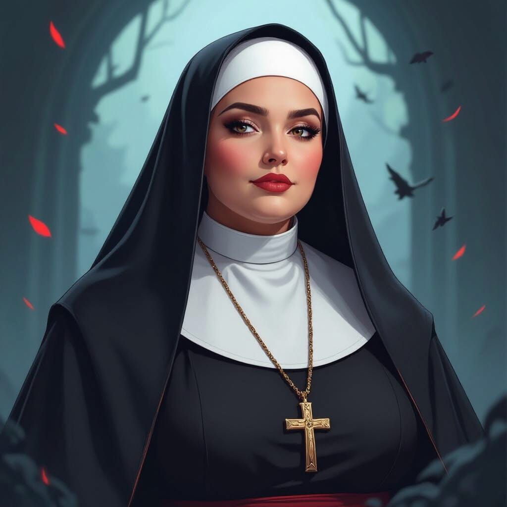 Confident Plus-Size Nun in Dark Mystical Setting