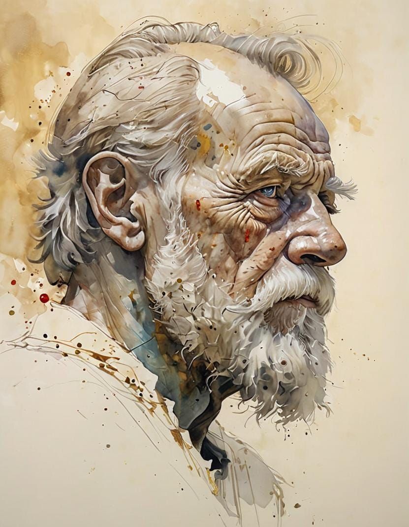Head of old man with a beard. Painting by Pino Daini (splash...