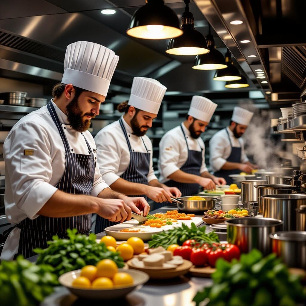 Chefs Prepare Dishes in Sunlit Professional Kitchen