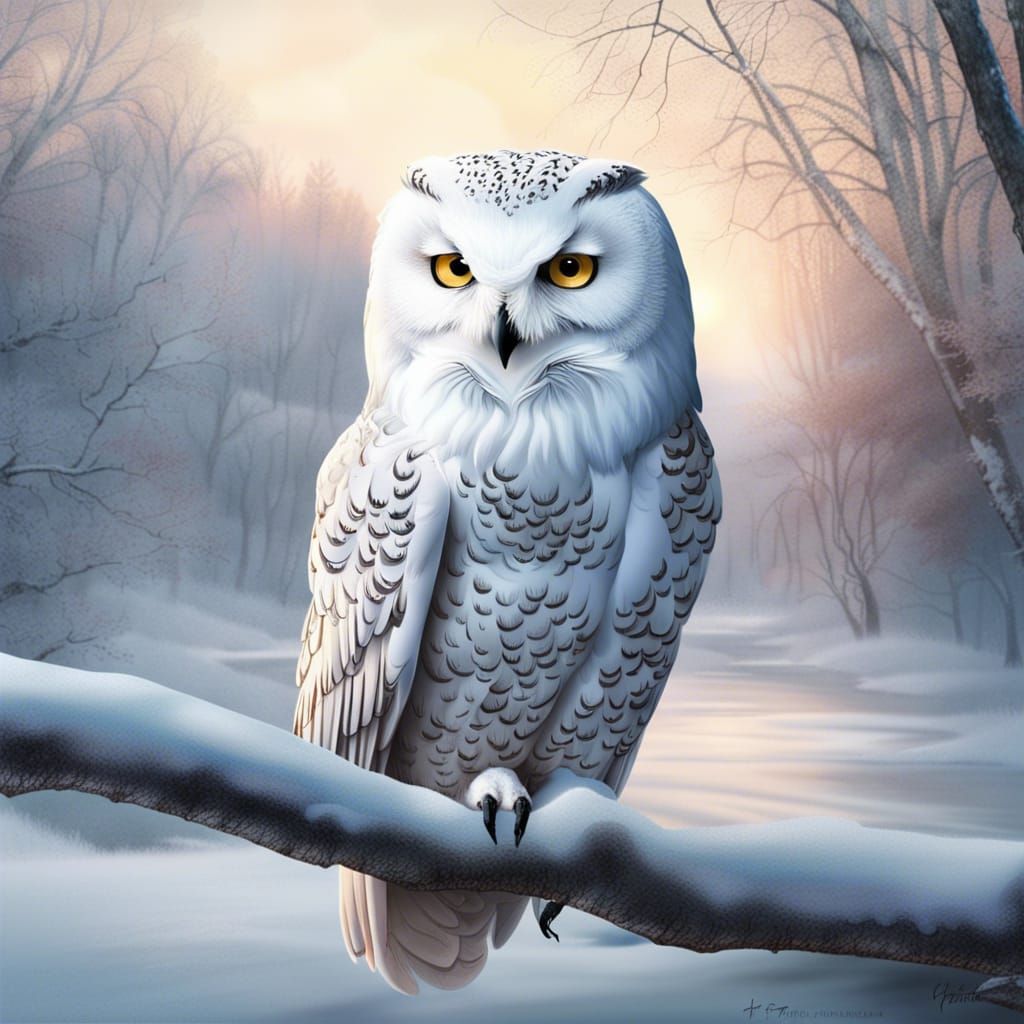 Hyperrealistic White Owl in Snowy Woods at Sunrise
