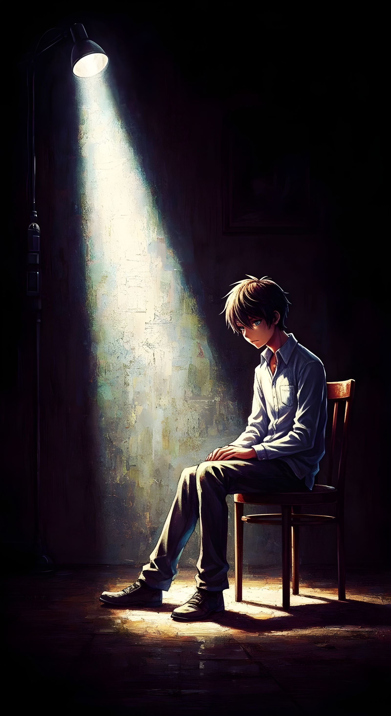 Detailed Anime Boy in Single Light Oil Painting Wallpaper