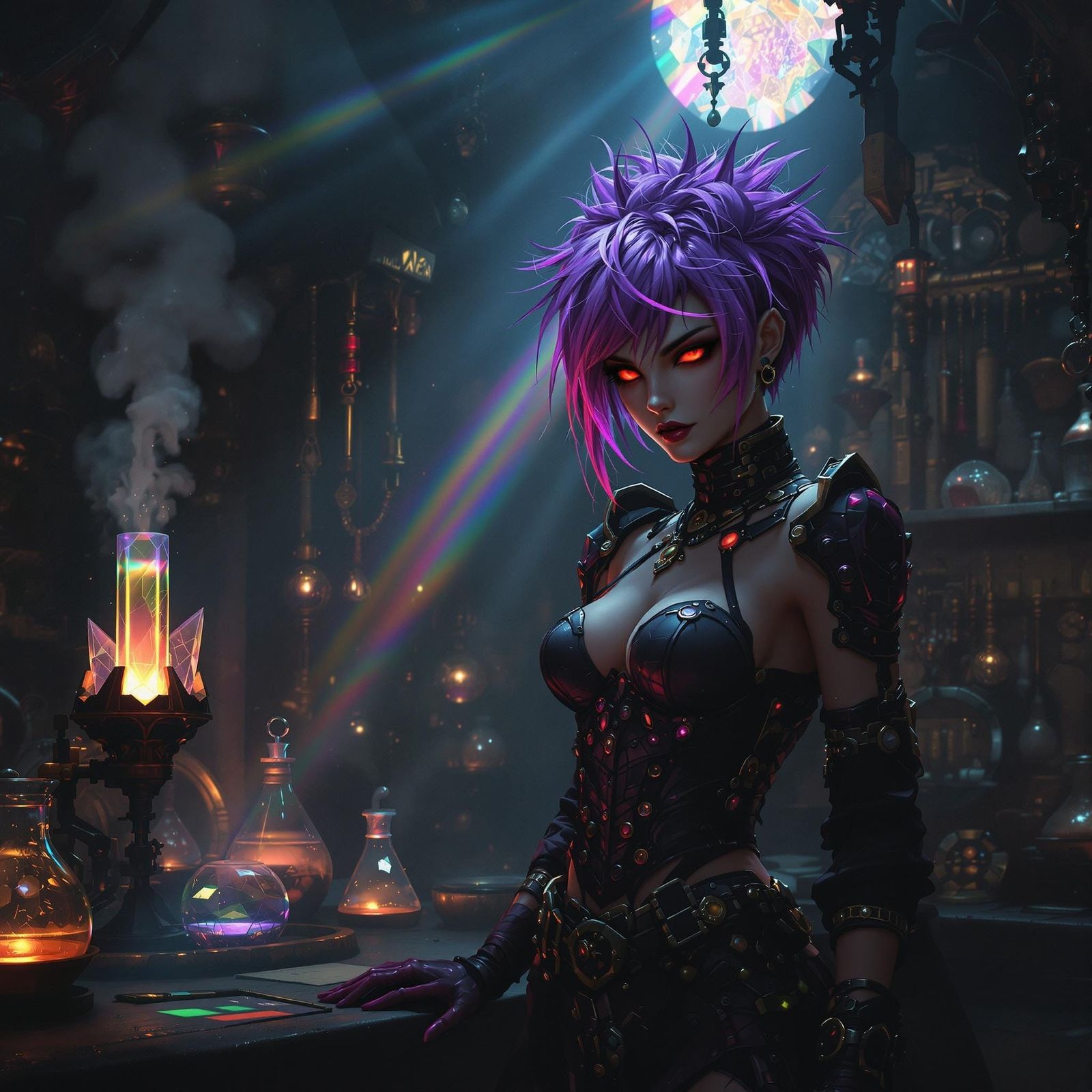 Dieselpunk Sorceress in Steam-Filled Laboratory