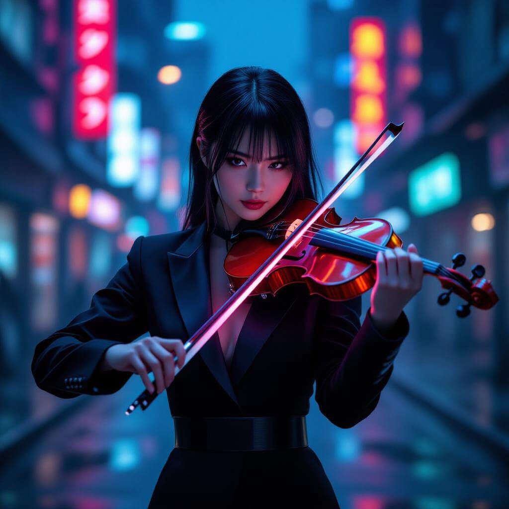 Cyberpunk Violinist in Dystopian Neon Cityscape