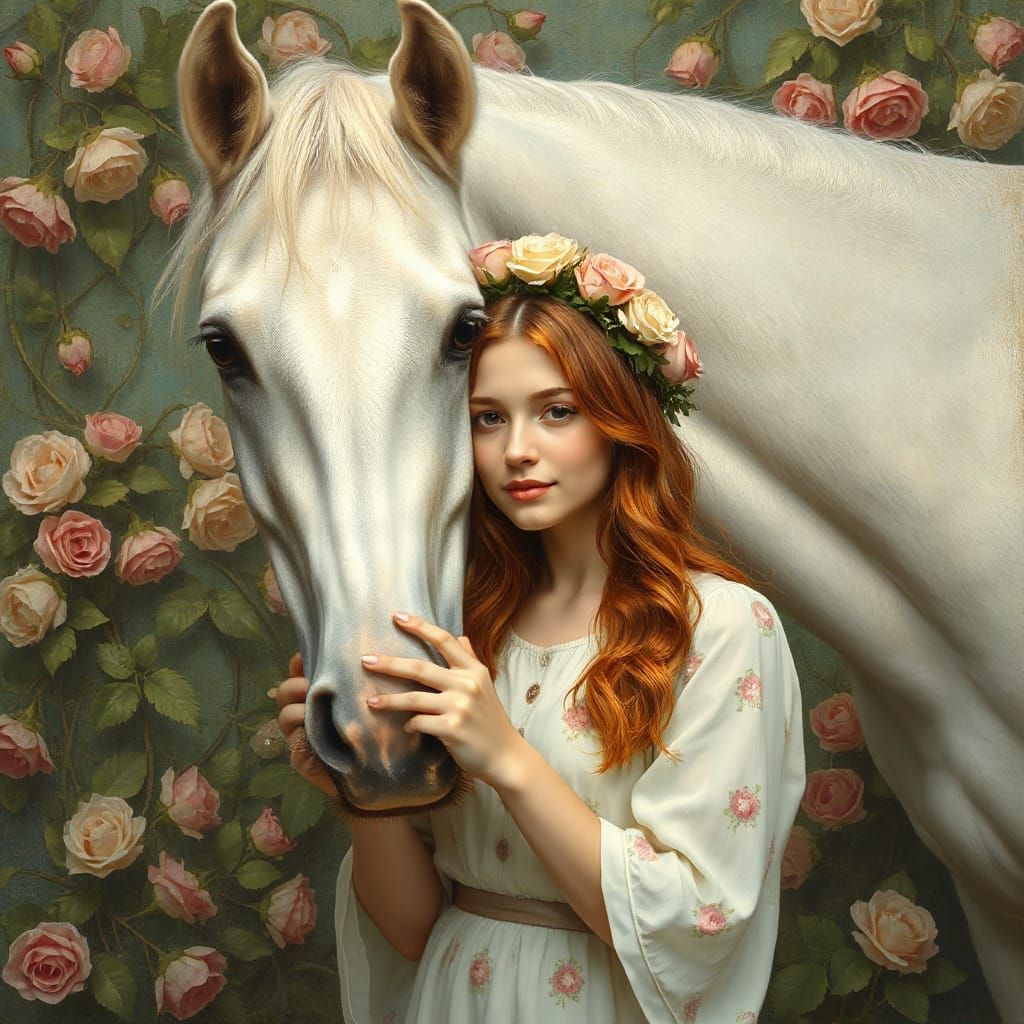 Serene Woman and Horse Portrait in Pre-Raphaelite Style