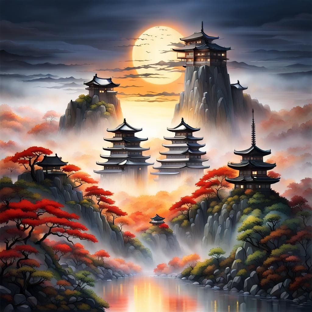 Mystical Japanese Mountain Fortress at Dawn
