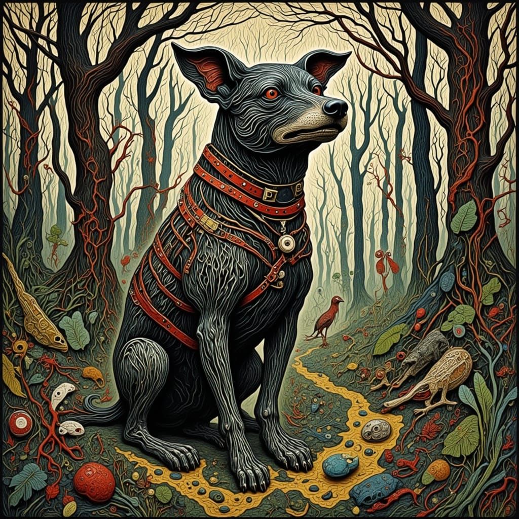 Hound in Misty Forest Woodcut Style